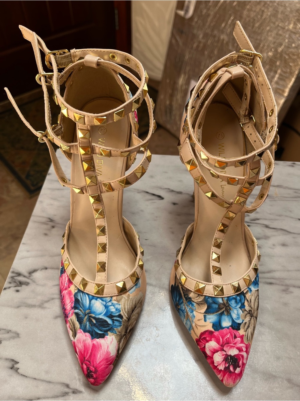 Wild Diva Floral Pointed-Toe T-Strap Pumps in Beige, Pink & Blue